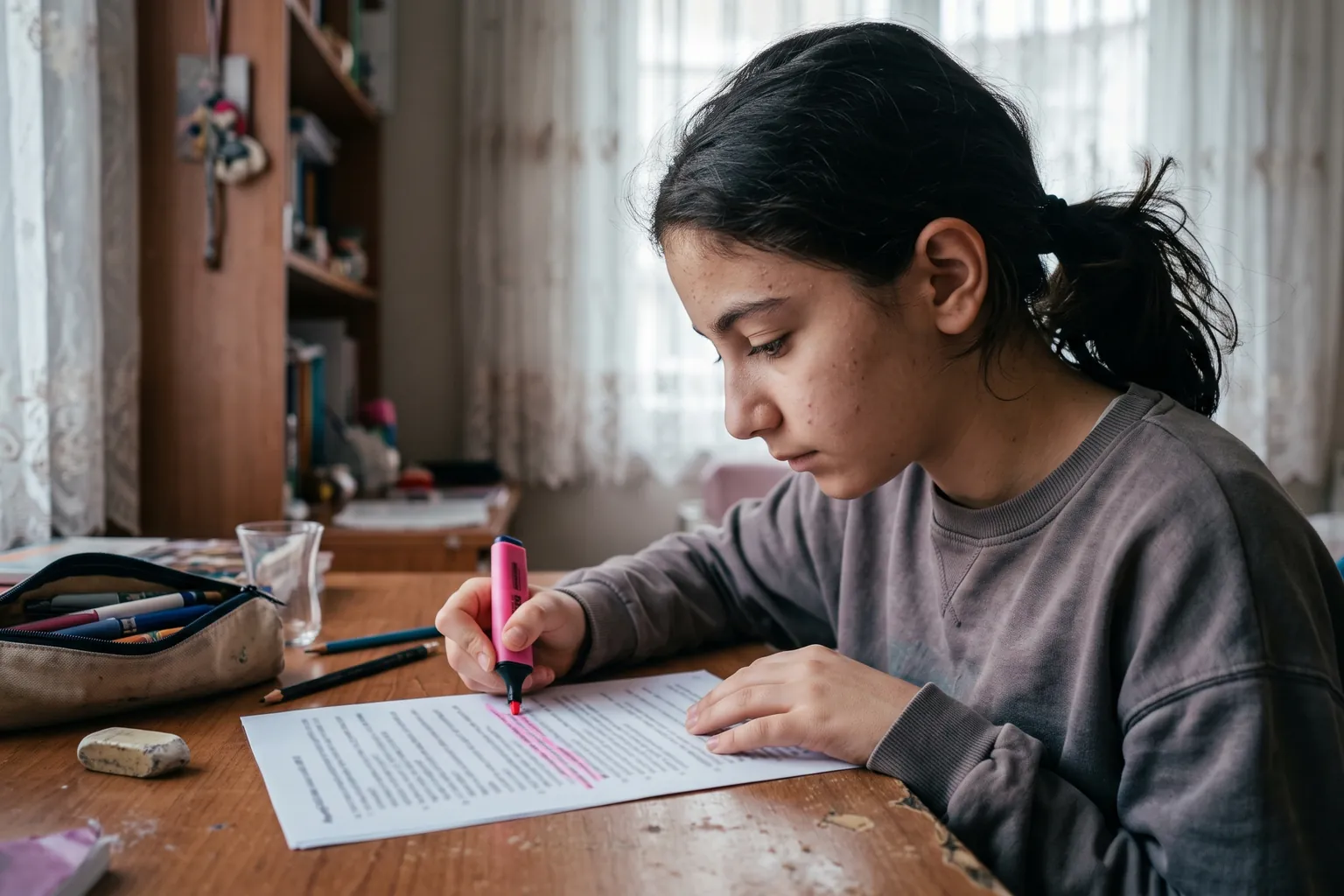 Ortaokul öğrencisi kız masasında Türkçe testi çözüyor; cümlelerin altını renkli kalemle çizmiş