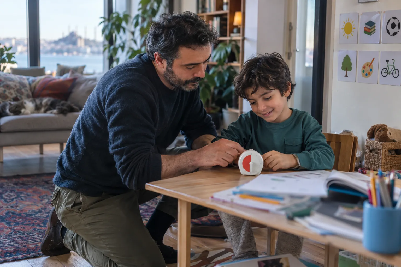 Babasıyla kısa ödev bloğu için mutfak zamanlayıcısını kuran çocuk