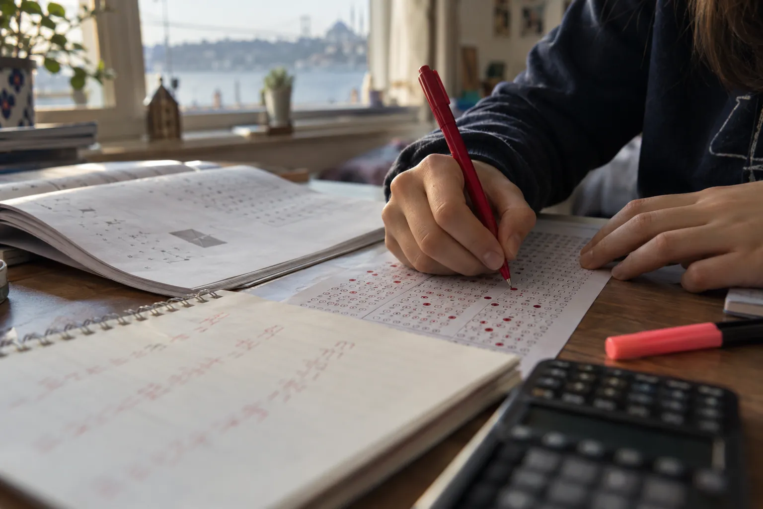 Deneme sınavı cevap kâğıdını kırmızı kalemle kontrol eden öğrenci, yanında hesap makinesi