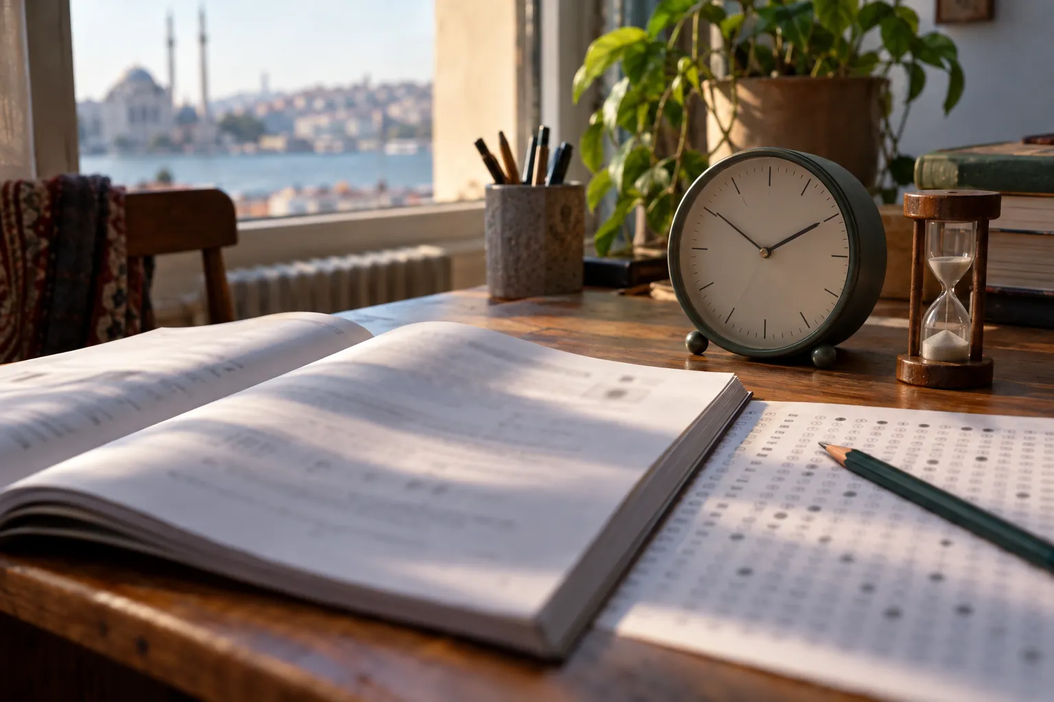 Masada açık deneme kitapçığı, optik cevap kâğıdı, kurşun kalem, masa saati ve kum saati