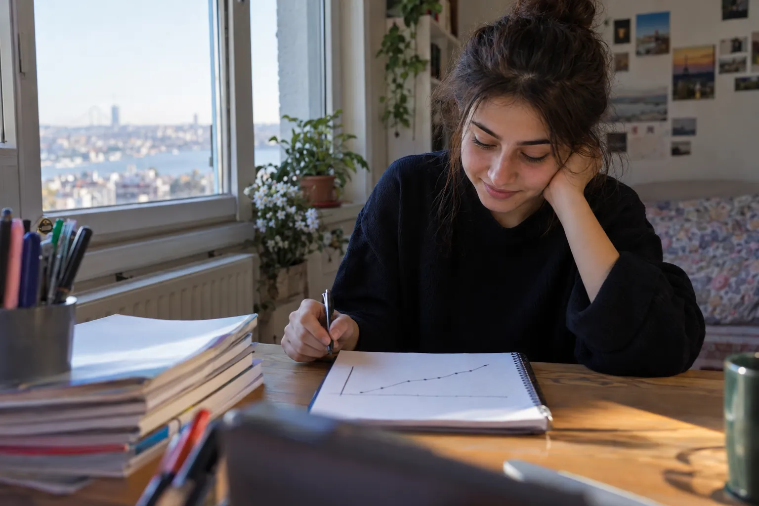Deneme kitapçıklarının yanında, defterine çizdiği yükselen net grafiğine memnun bakan lise son sınıf öğrencisi kız