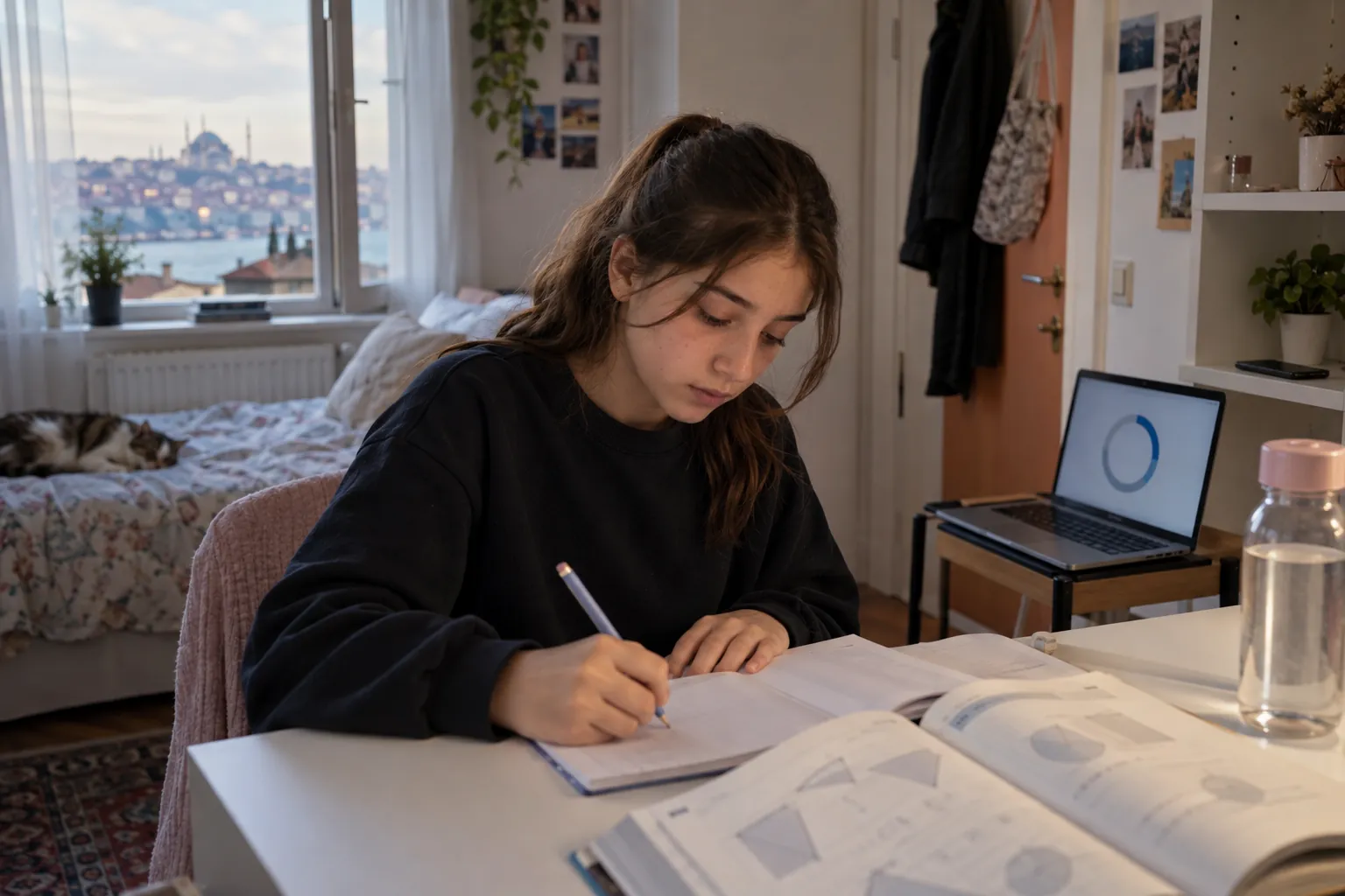 Telefonunu odanın kapısının yanındaki rafa bırakmış, masasında yalnızca matematik kitabı, defteri ve su şişesi bulunan ortaokul öğrencisi kız; bilgisayar ekranında odak sayacı çalışıyor