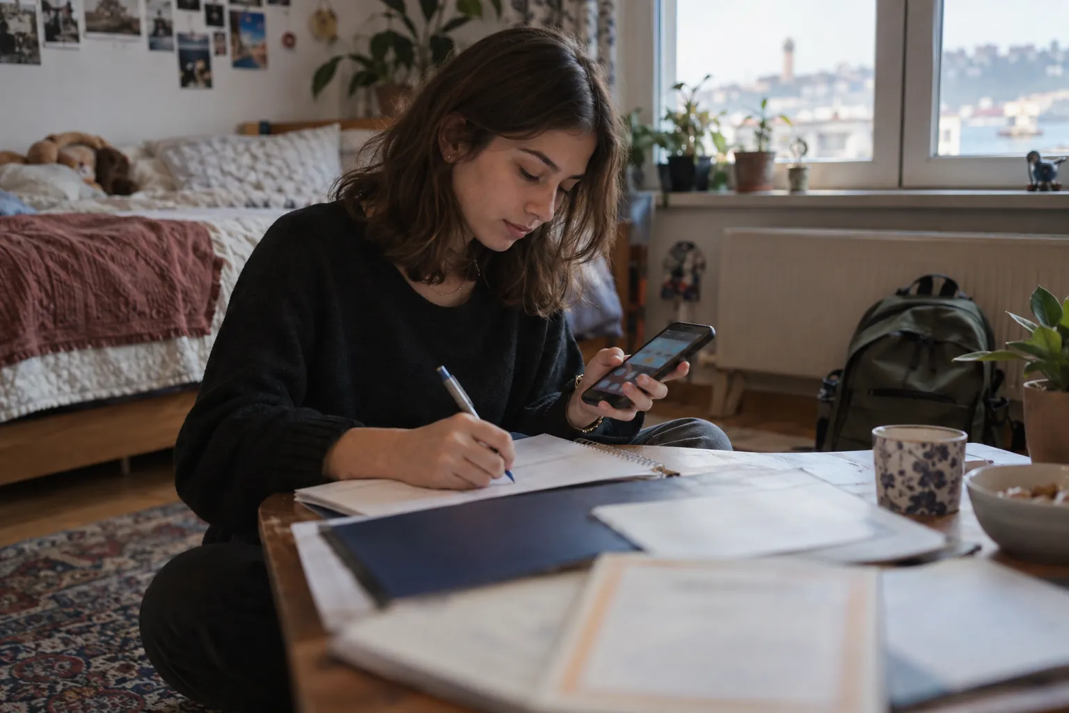 Lise diplomasını ve karnelerini masaya yaymış, telefonundaki hesap makinesiyle diploma notunu hesaplayan son sınıf öğrencisi