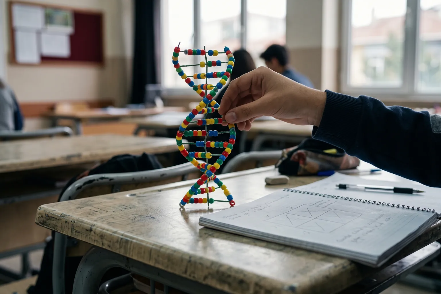 Masada renkli boncuklardan yapılmış DNA sarmalı modeli ve bezelye çaprazlama tablosu çizilmiş defter