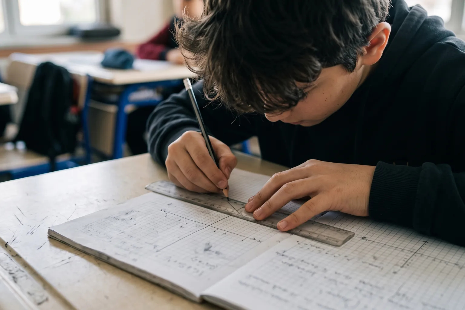 Kareli defterde koordinat düzlemine doğru grafiği çizen öğrenci; yanında cetvel ve kurşun kalem