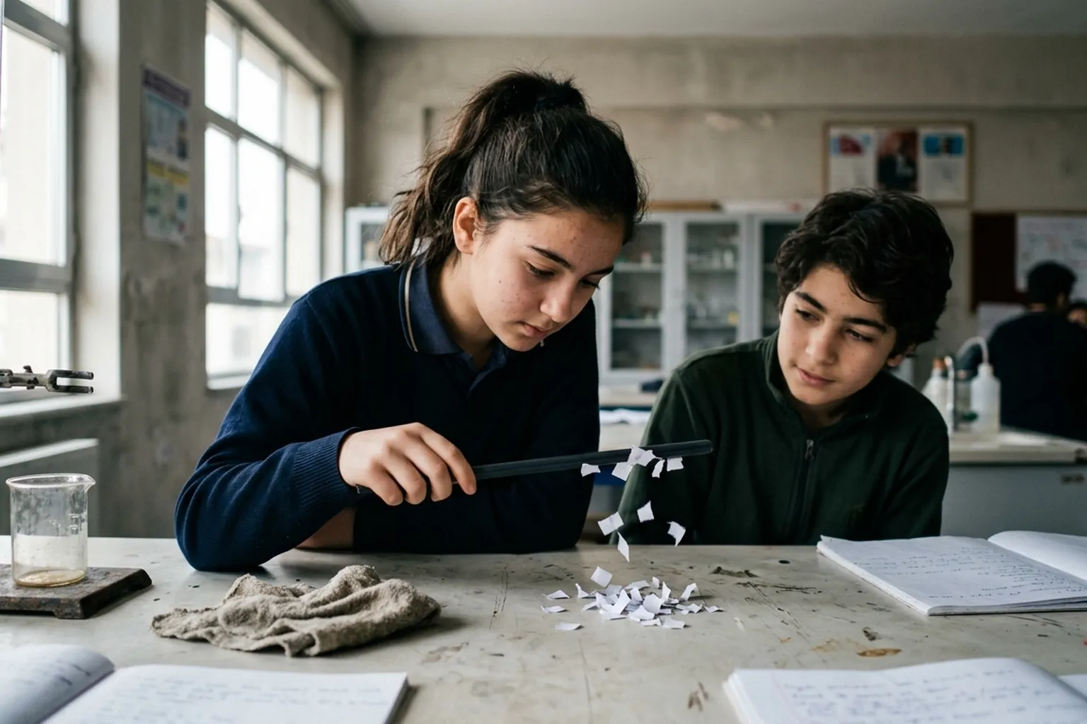 Fen laboratuvarında plastik çubuğu yün kumaşa sürterek küçük kâğıt parçalarını çeken ortaokul öğrencileri