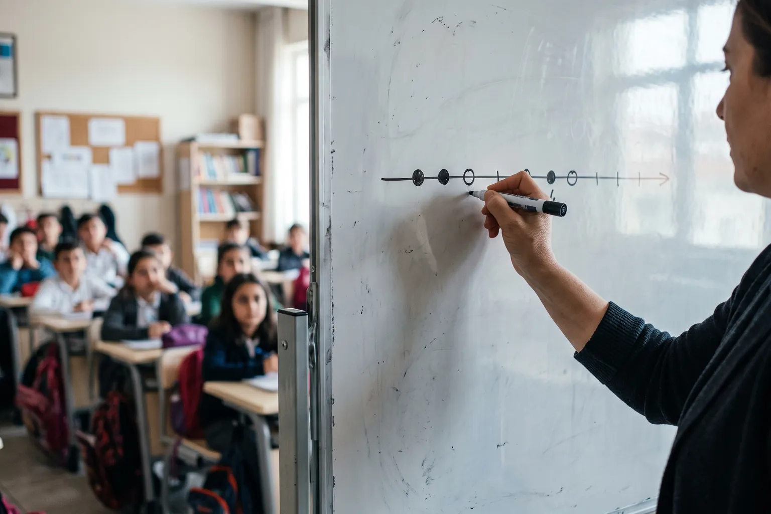 Sınıf tahtasına çizilmiş sayı doğrusu üzerinde içi dolu ve içi boş dairelerle eşitsizlik gösteren öğretmen eli