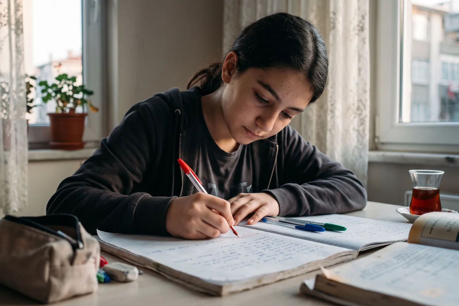 Defterine örnek cümleler yazıp fiilimsileri farklı renk kalemlerle işaretleyen 8. sınıf öğrencisi