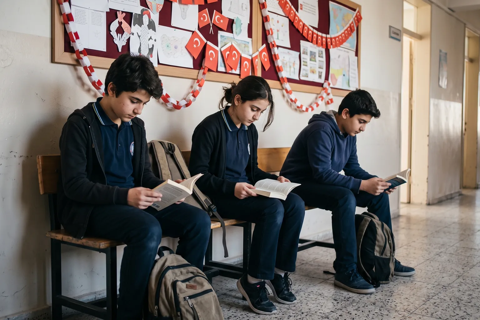 Okul koridorunda Türk bayraklarıyla süslenmiş panonun önünde kitap okuyan ortaokul öğrencileri
