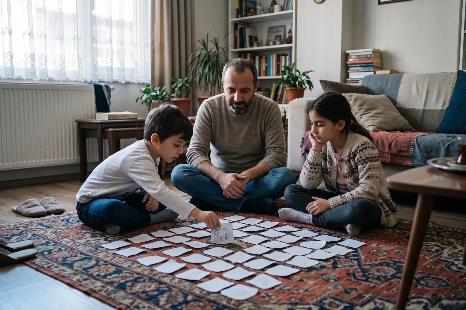 Halıda oturan iki kardeş ve babaları kâğıttan yapılmış hafıza kartlarıyla eşini bul oyunu oynuyor