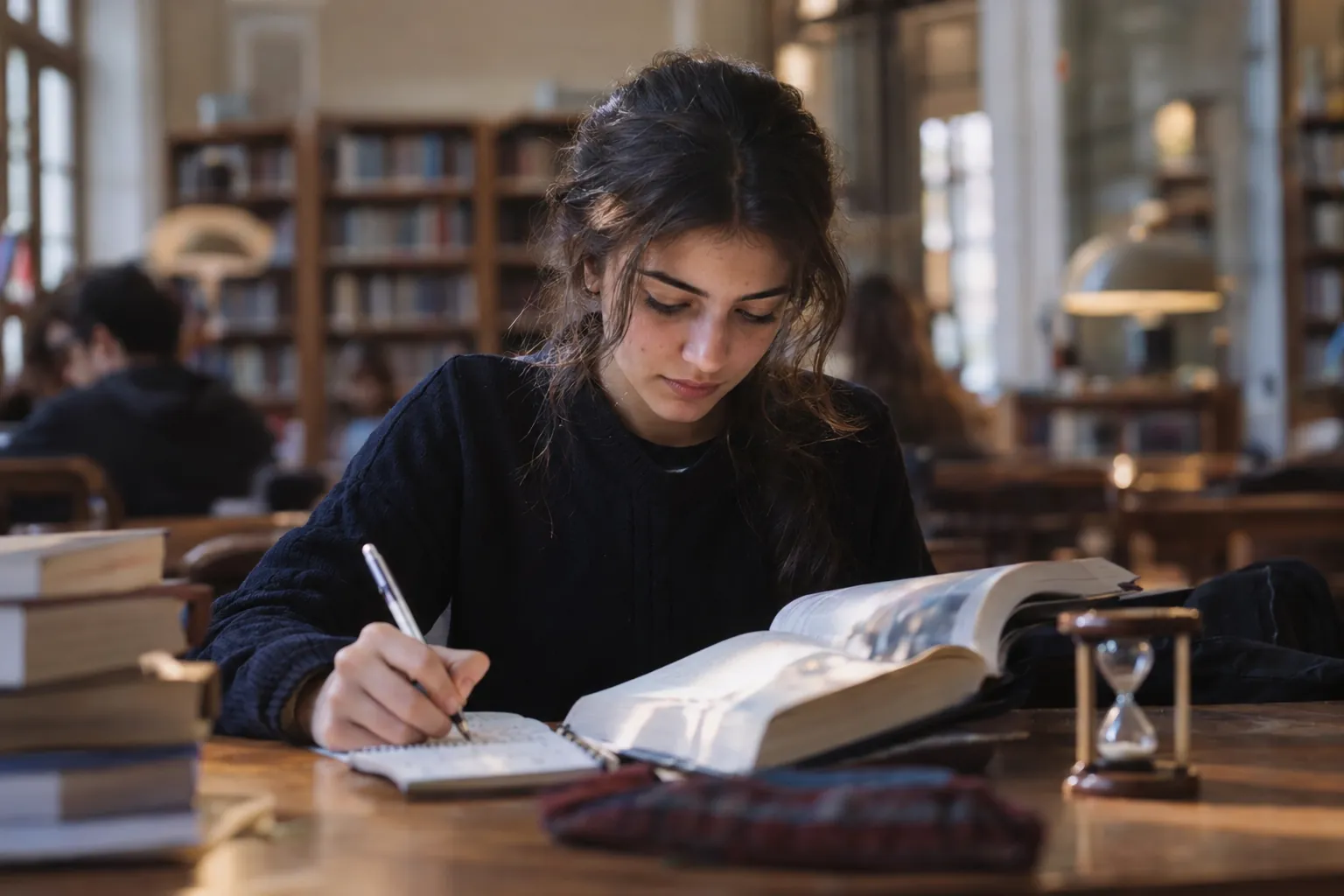 Kütüphane masasında açık bir bilgi kitabını kalemle not alarak dikkatle okuyan lise öğrencisi kız; masada küçük bir kum saati ve kısa özet notlarının yazılı olduğu bir defter