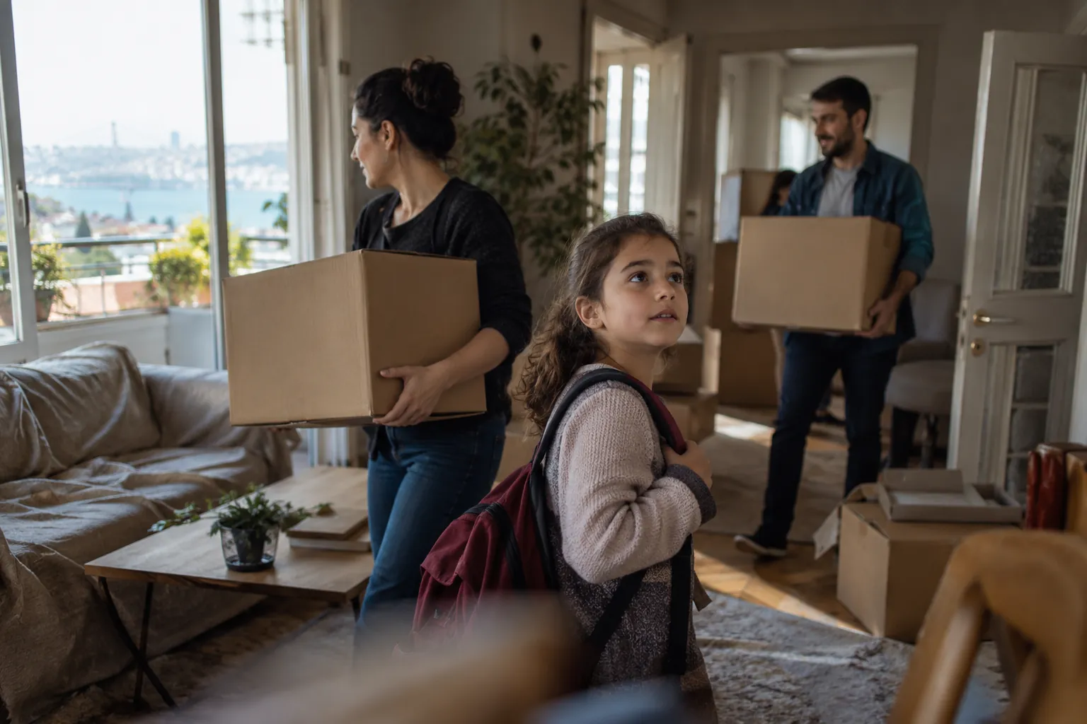Aile yeni evine taşınma kolileri taşırken okul çantalı kızları bekliyor