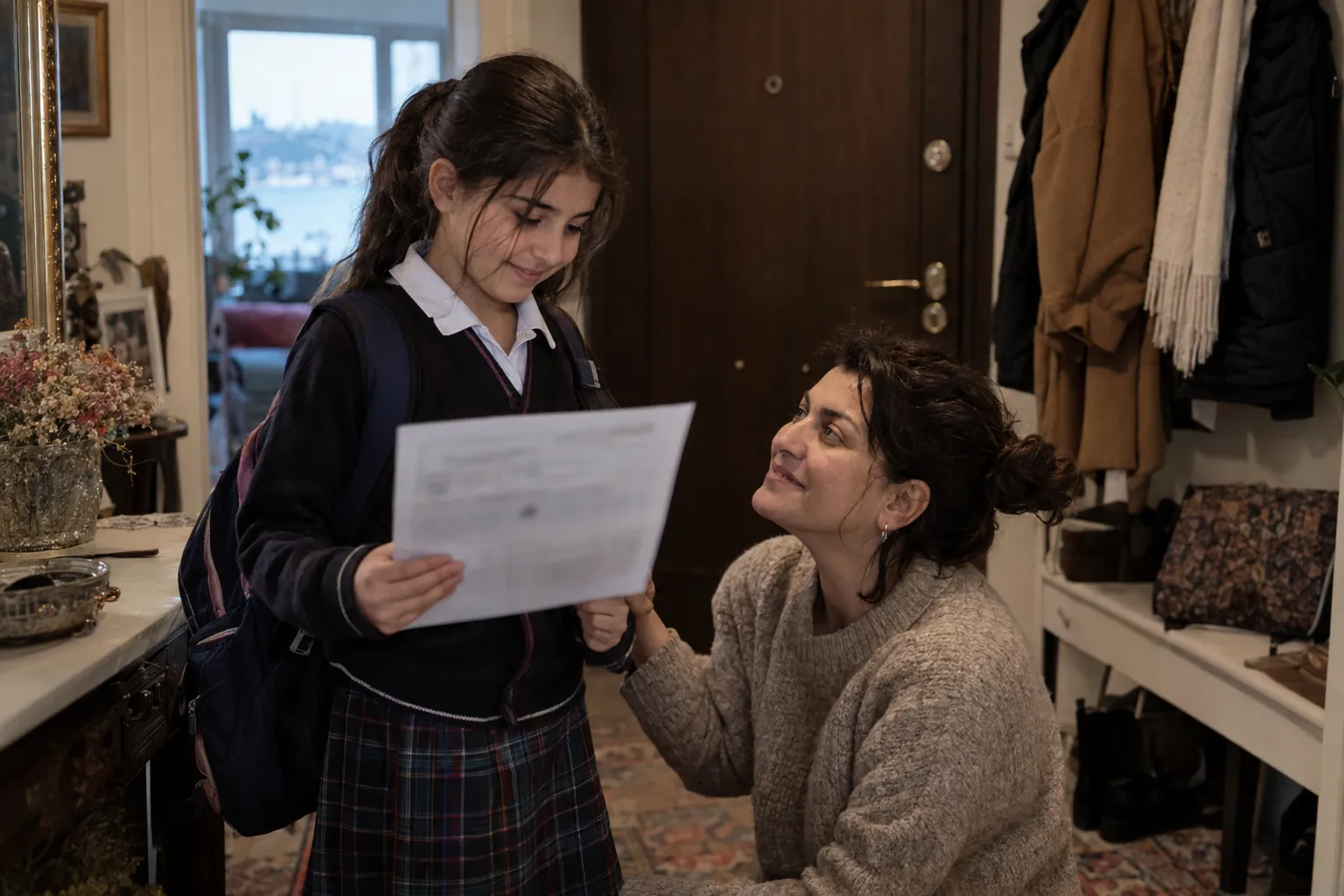 Okul çıkışı evin girişinde karnesini annesine uzatan ilkokul öğrencisi; çocuğun göz hizasına inmiş anne karneye değil çocuğun yüzüne bakarak gülümsüyor