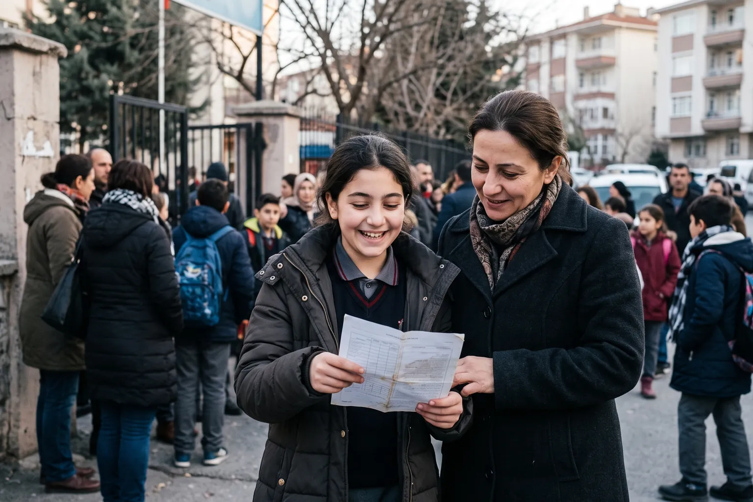 Ocak ayında okul kapısında karnesini annesine gösteren gülümseyen ortaokul öğrencisi
