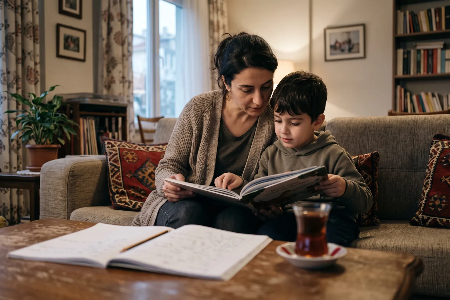 Akşam salonda anne ve ilkokul çağındaki oğlu kanepede birlikte kitap okuyor; sehpada okuma günlüğü açık