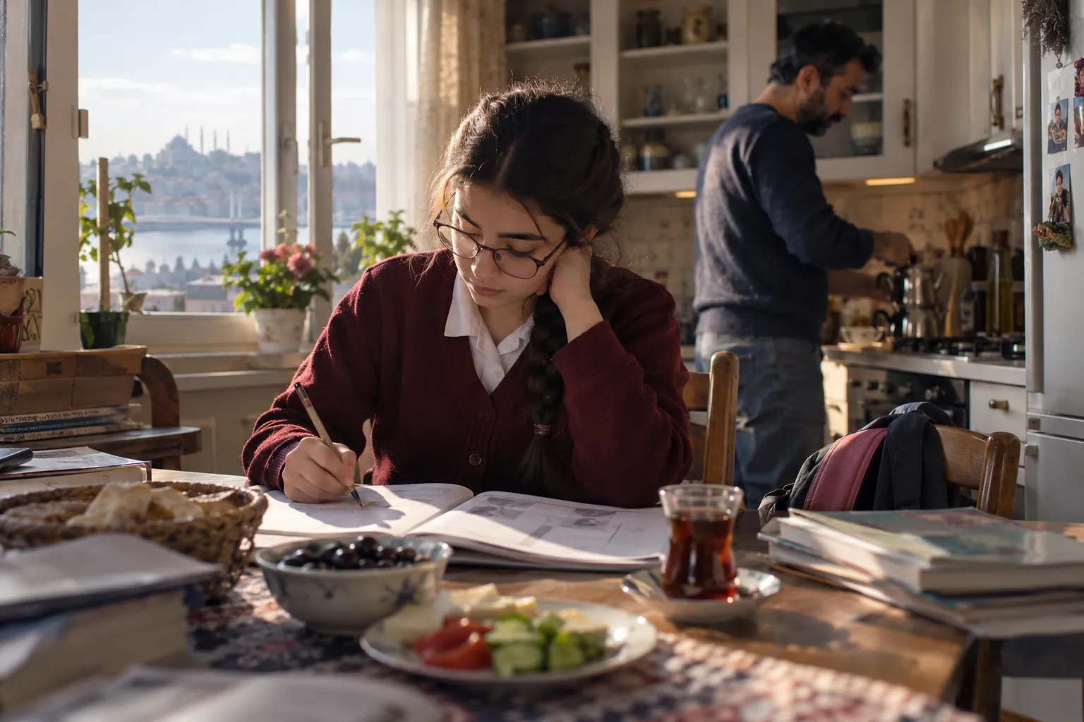 Kahvaltı masasında LGS deneme kitapçığı çözen gözlüklü 8. sınıf öğrencisi, arka planda çay hazırlayan babası