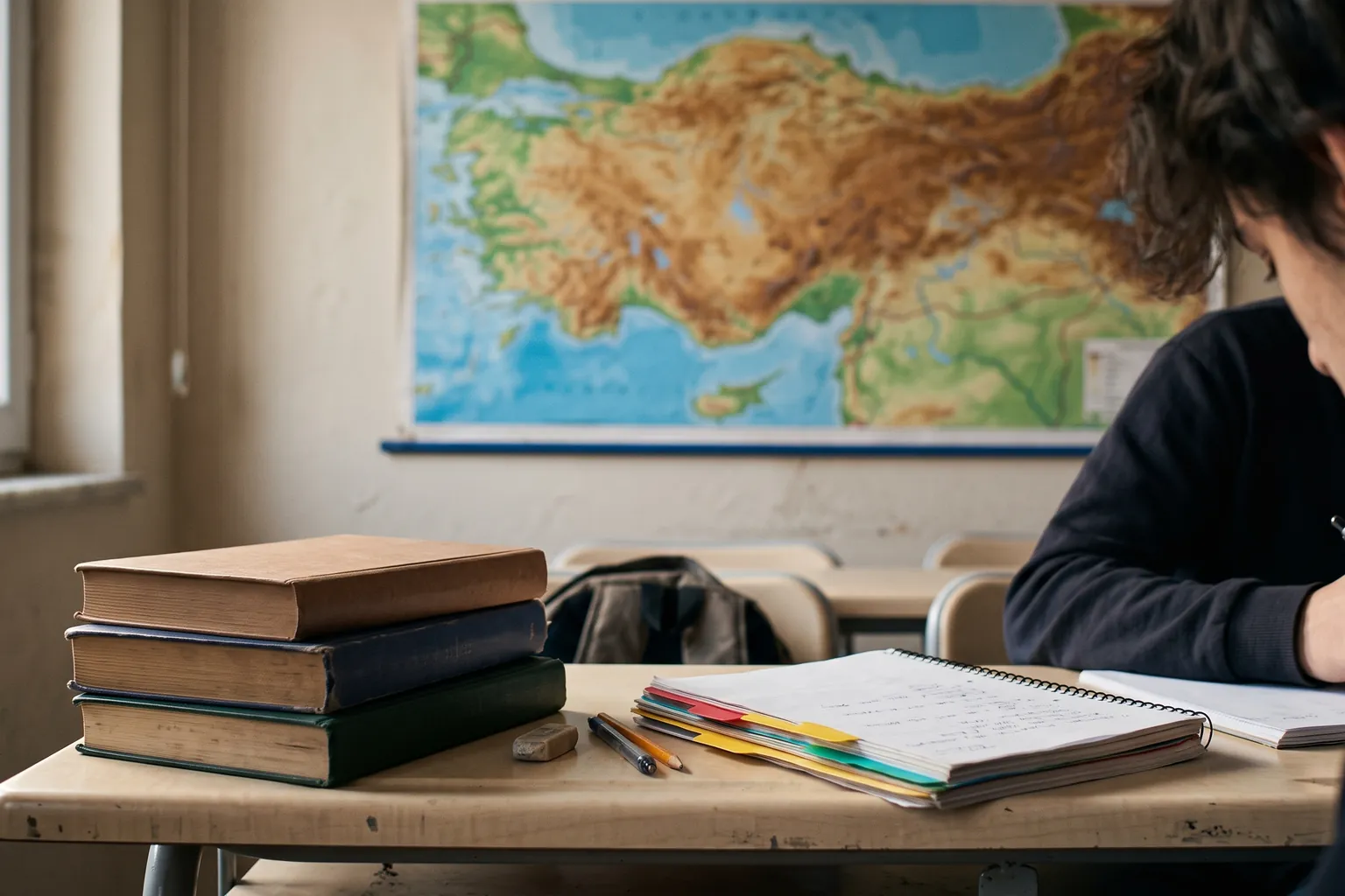 Masada üst üste duran tarih ders kitapları ve renkli sekmeli bir defter; duvarda Türkiye haritası