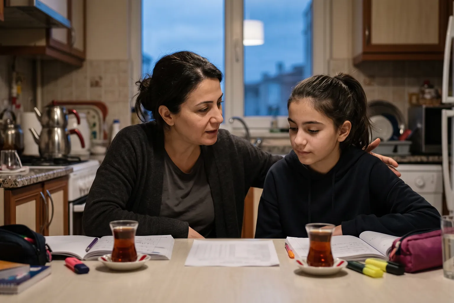 Akşam mutfak masasında anne ve 8. sınıf kızı deneme sonuç kâğıdına birlikte bakarken sakin bir şekilde konuşuyor