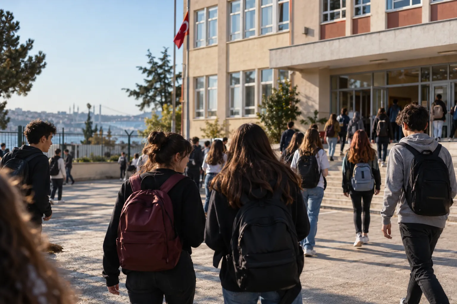 Lise öğrencileri sabah okul bahçesinden okul binasına giriyor