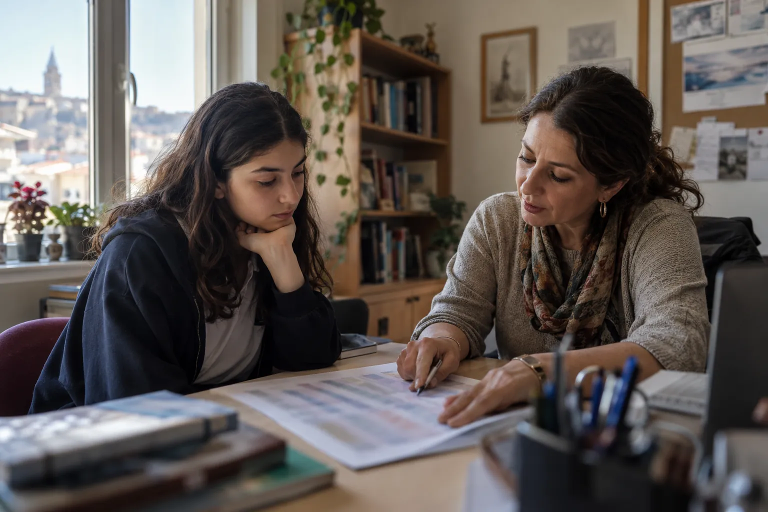 Lise öğrencisi rehber öğretmenle masada ders seçim formunu inceliyor