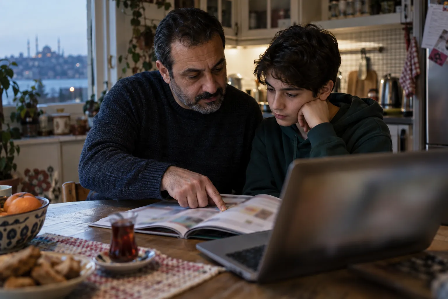 Oturma odasında dizüstü bilgisayarda bir eğitim sitesini inceleyen anne ve baba; önlerinde not defteri ve çay bardakları, arkada ödev yapan bir çocuk