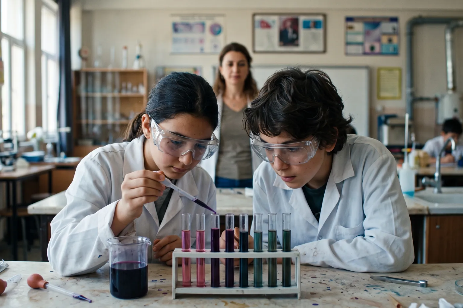 Fen laboratuvarında ortaokul öğrencileri kırmızı lahana suyuyla asit-baz deneyi yapıyor; tüplerde farklı renkler