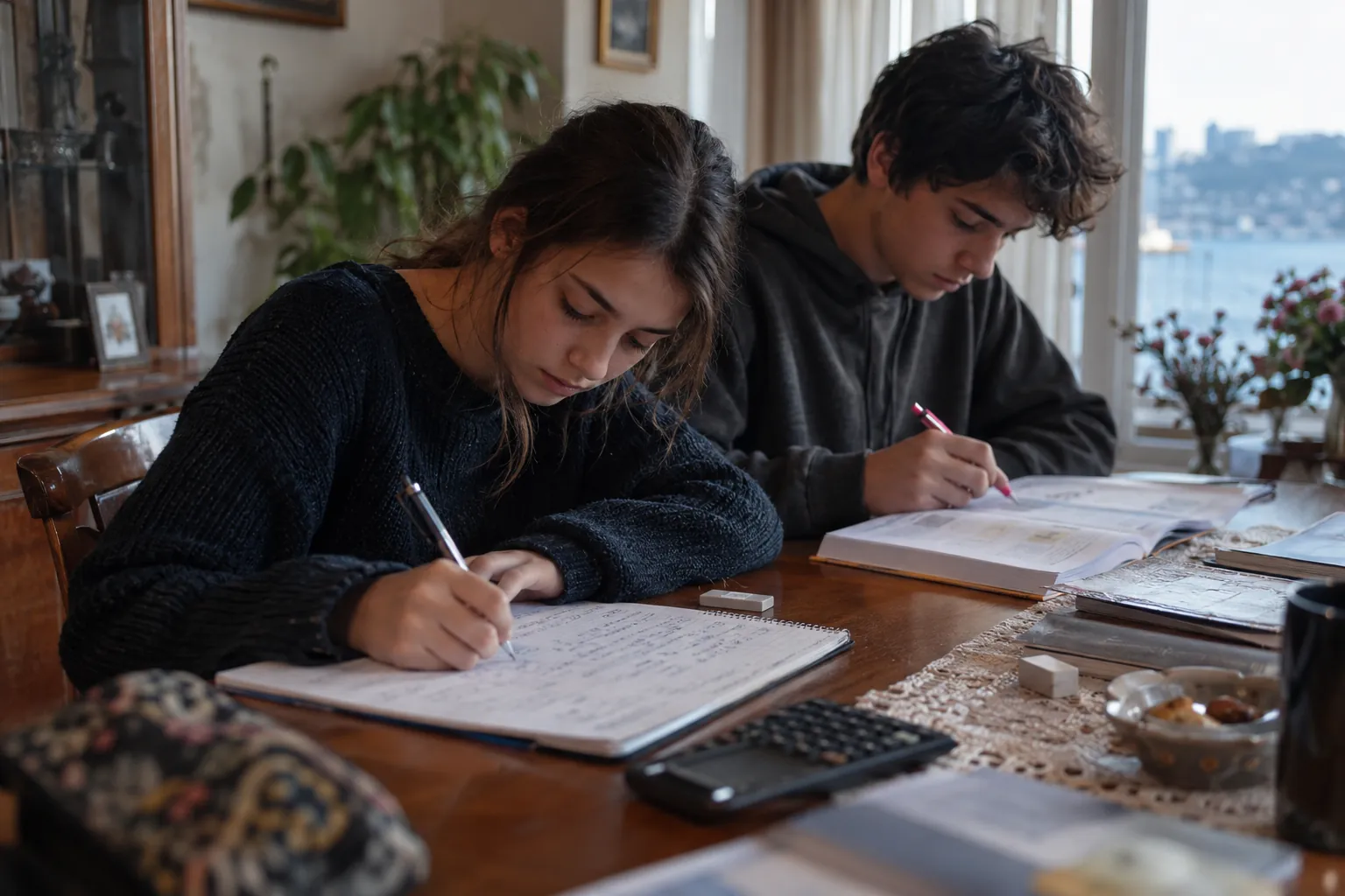 Ders çalışma masasında açık matematik defterine işlemleri adım adım yazan, yanındaki test kitabına renkli kalemle işaret koyan ortaokul ve lise öğrencisi; ışık pencereden geliyor