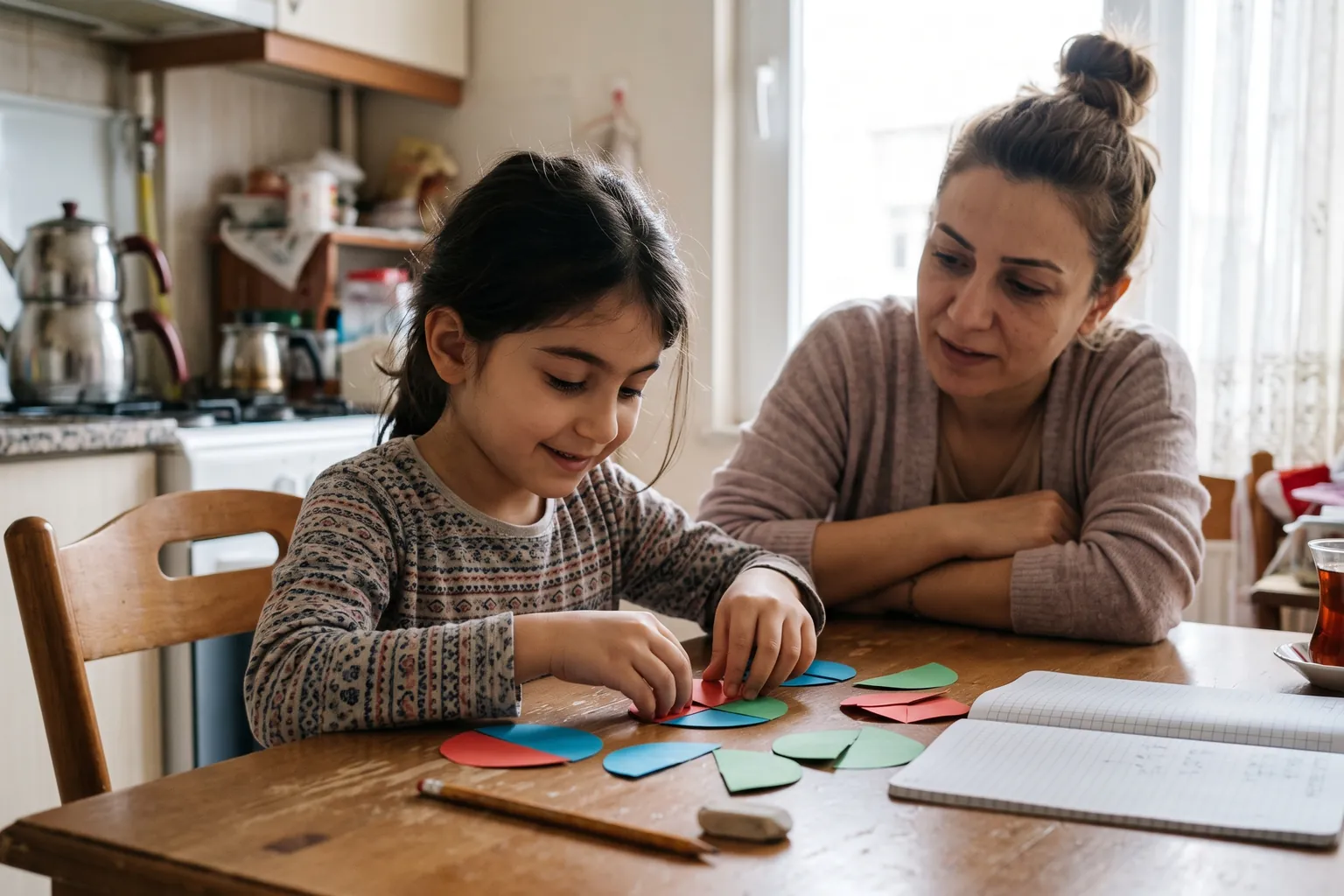 İlkokul öğrencisi kız mutfak masasında pasta dilimi görselleriyle kesir çalışıyor; annesi yanında gülümsüyor
