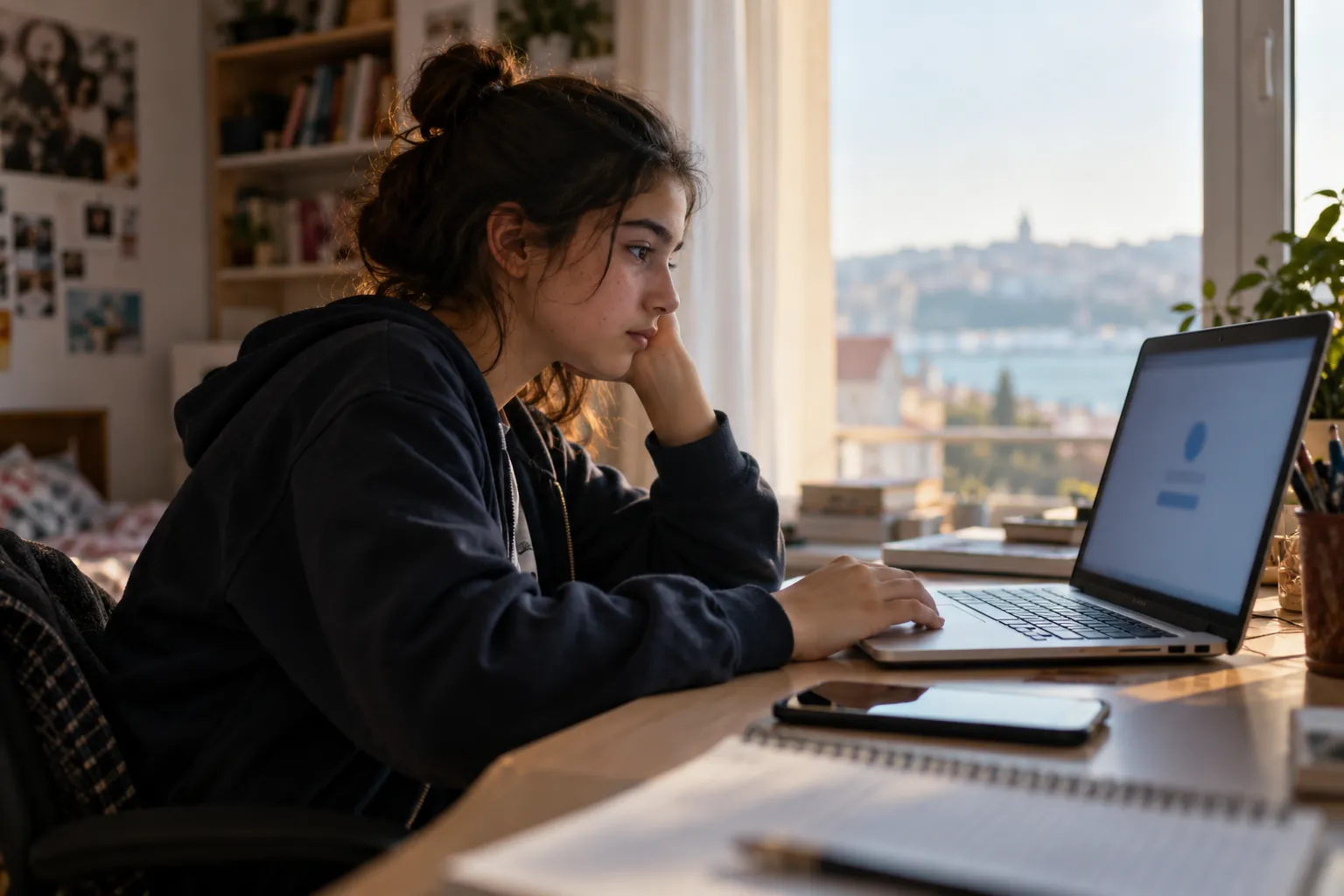 Ortaokul öğrencisi bilgisayar başında bir öğrenme platformunun giriş ekranına bakıyor, yanında telefon ve defter