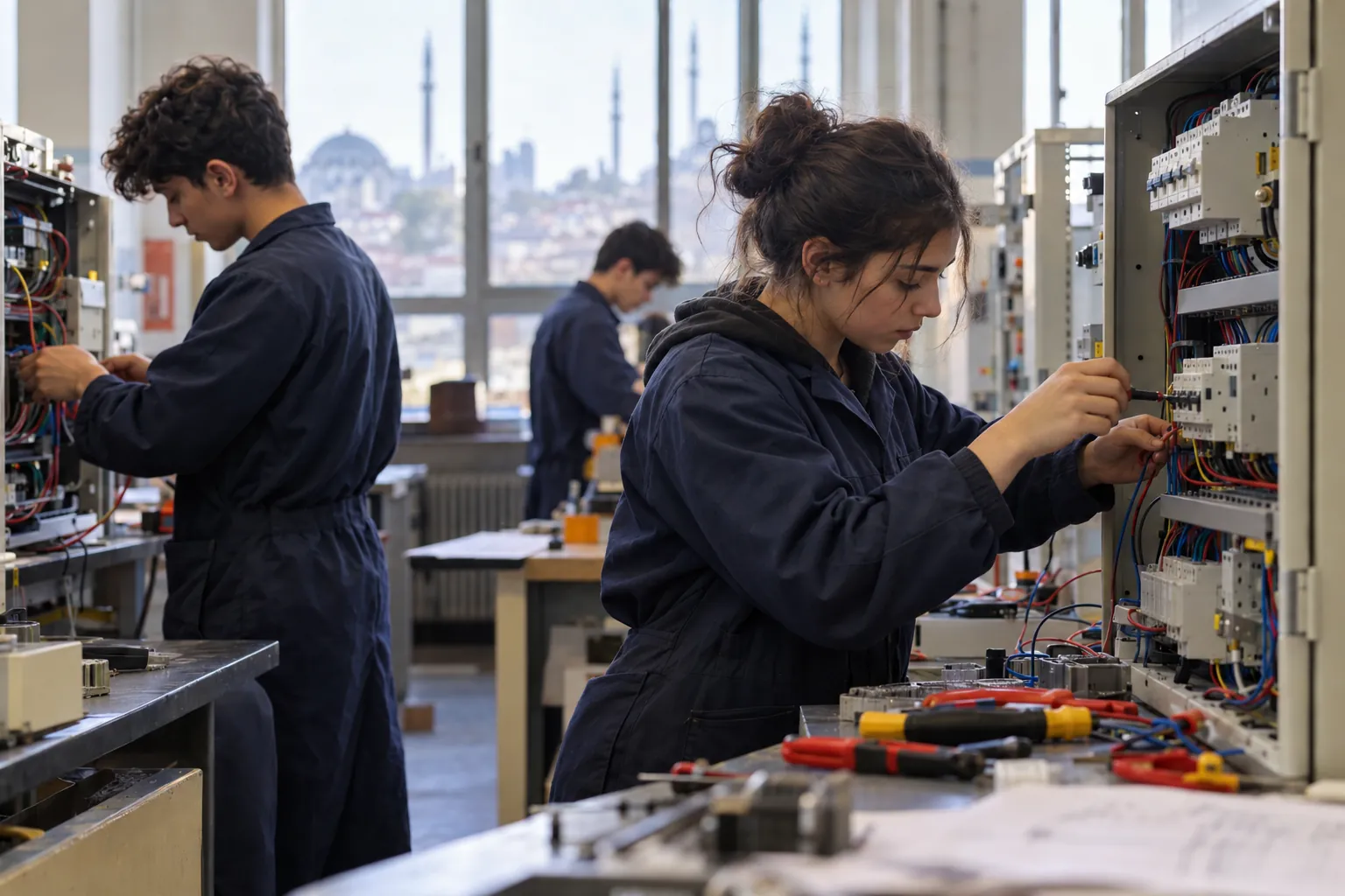 Meslek lisesi öğrencileri atölye tulumlarıyla elektrik panoları üzerinde çalışıyor