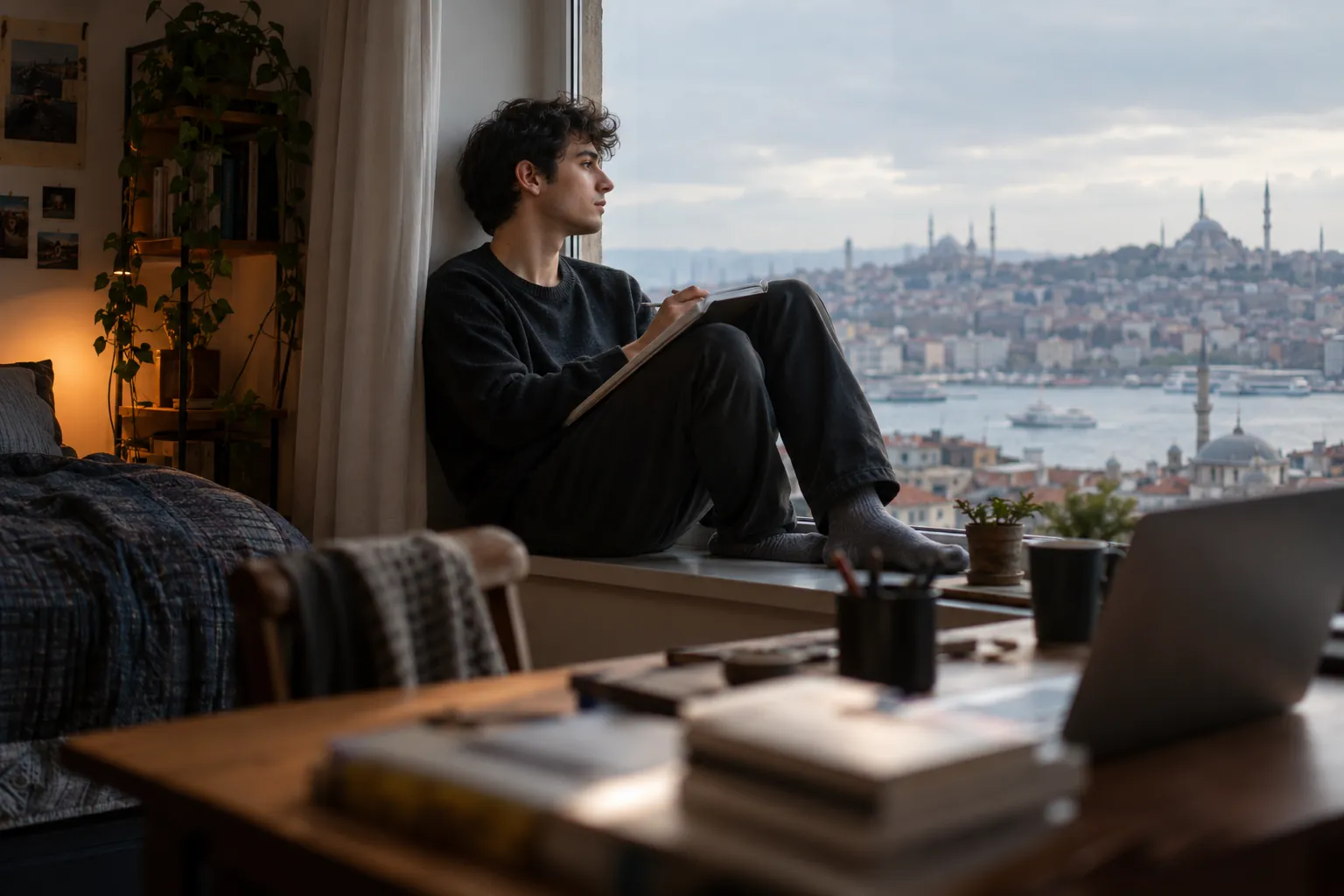 Pencere kenarında İstanbul manzarasına bakarak düşünen mezun öğrenci