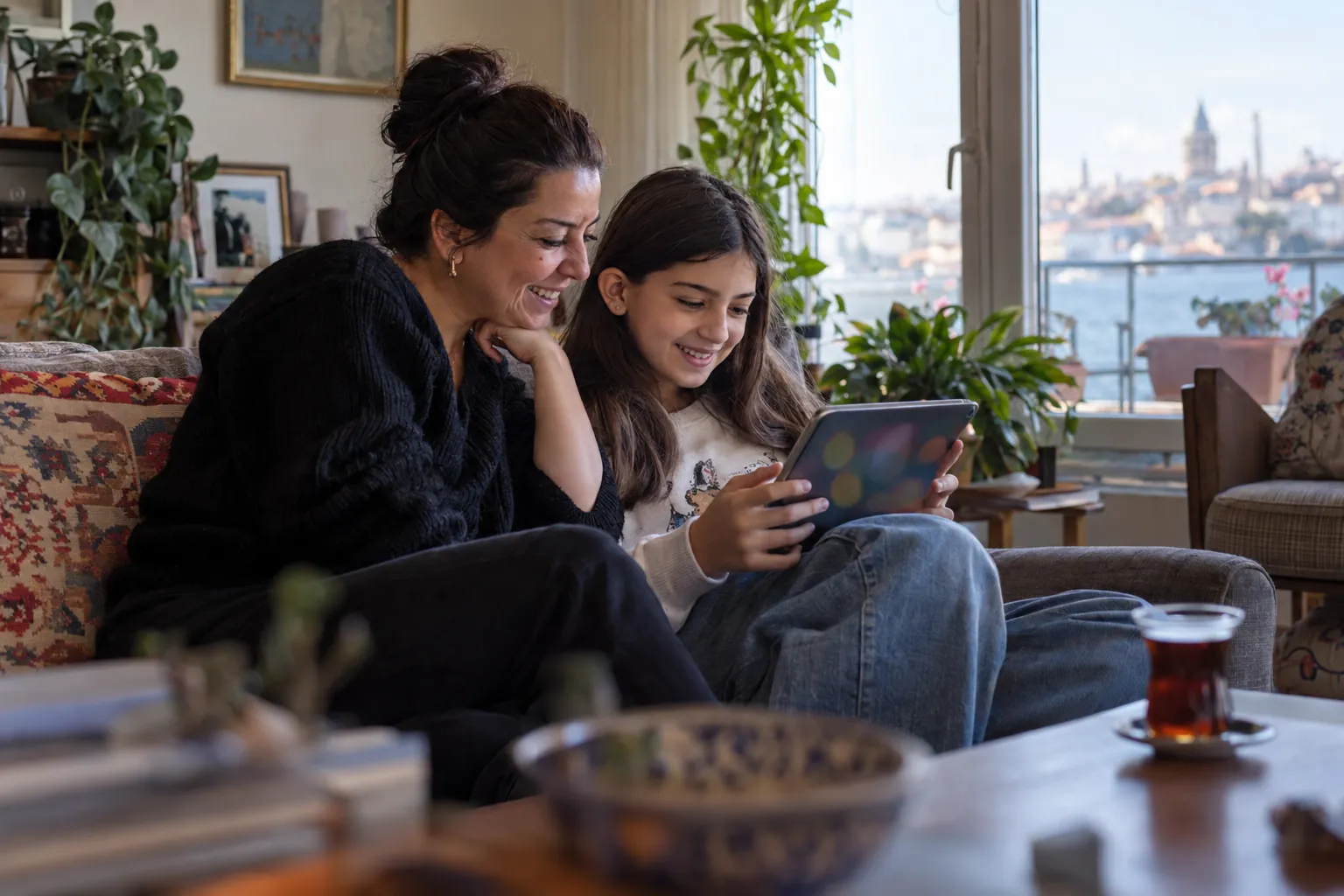 Mizaç analizi: tablette ücretsiz mizaç testini çözen kız ve yanındaki annesi