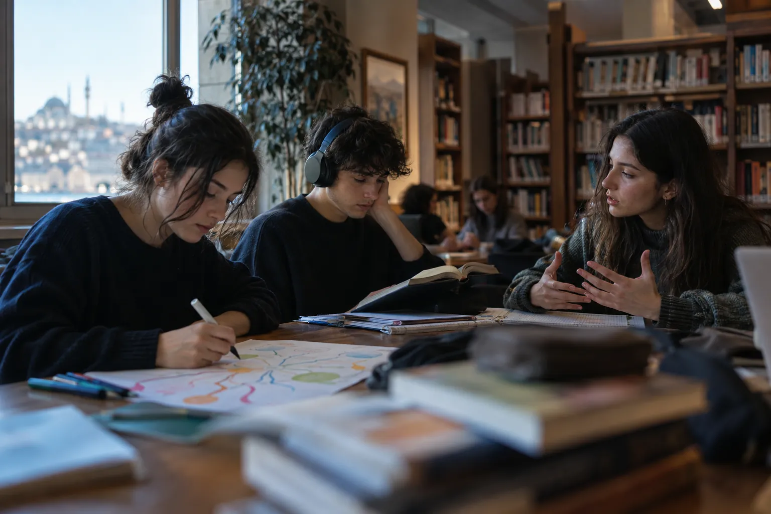 Çalışma masasında zamanlayıcı ve renkli notlarla soru çözen ortaokul öğrencisi; arkasındaki mantar panoda elle yazılmış haftalık plan asılı