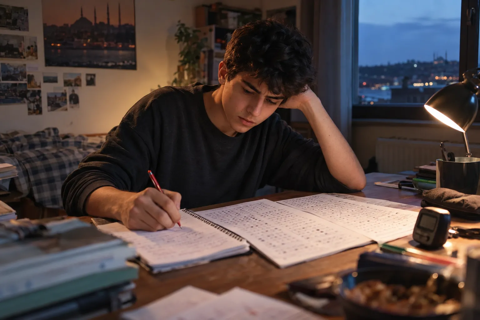 Akşam çalışma masasında açık TYT deneme kitapçığı ve işaretlenmiş bir hata defterine not alan lise son sınıf öğrencisi; masa lambasının ışığı ve yanında kronometre