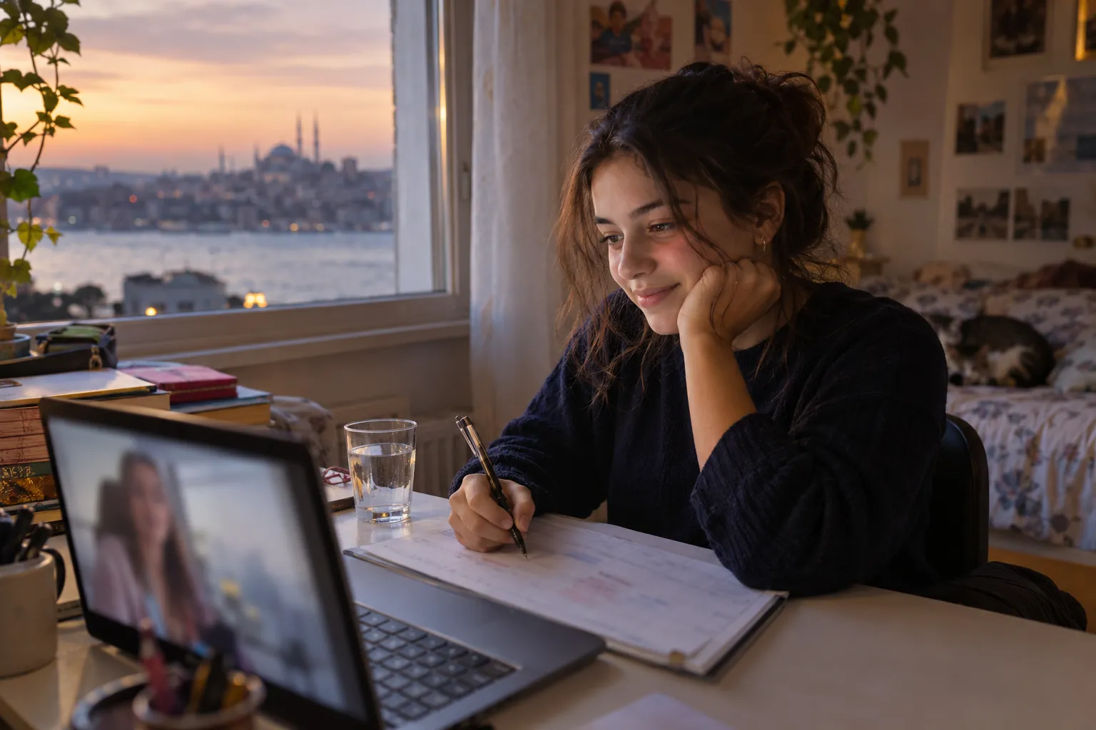 Dizüstü bilgisayarın başında görüntülü görüşmede not alan lise öğrencisi; masasında kâğıt haftalık program ve bir bardak su, pencereden akşam ışığı giriyor