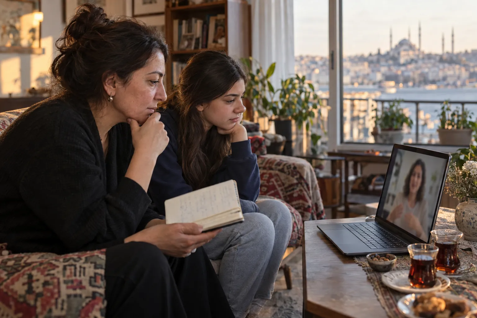 Dizüstü bilgisayarda görüntülü ön görüşme yapan anne ve lise öğrencisi oğlu; masada not defterine yazılmış soru listesi ve deneme sonuç kâğıdı