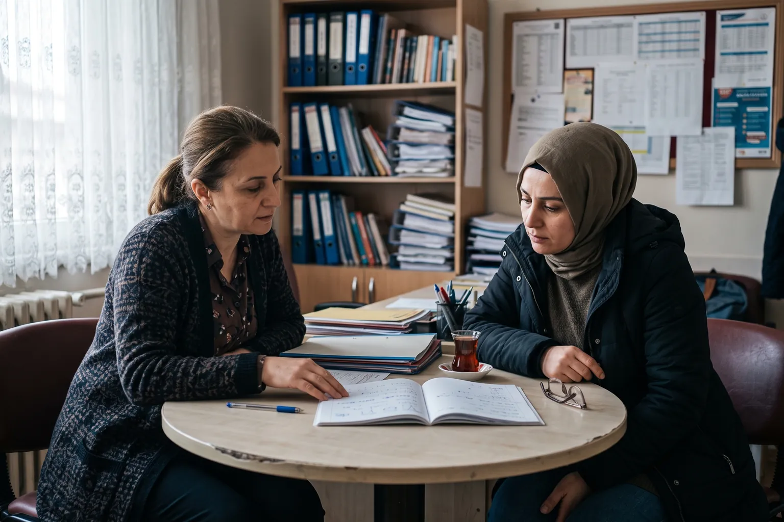 Okul rehberlik servisinde rehber öğretmen bir veliyle masada oturmuş, öğrencinin defterine birlikte bakıyorlar