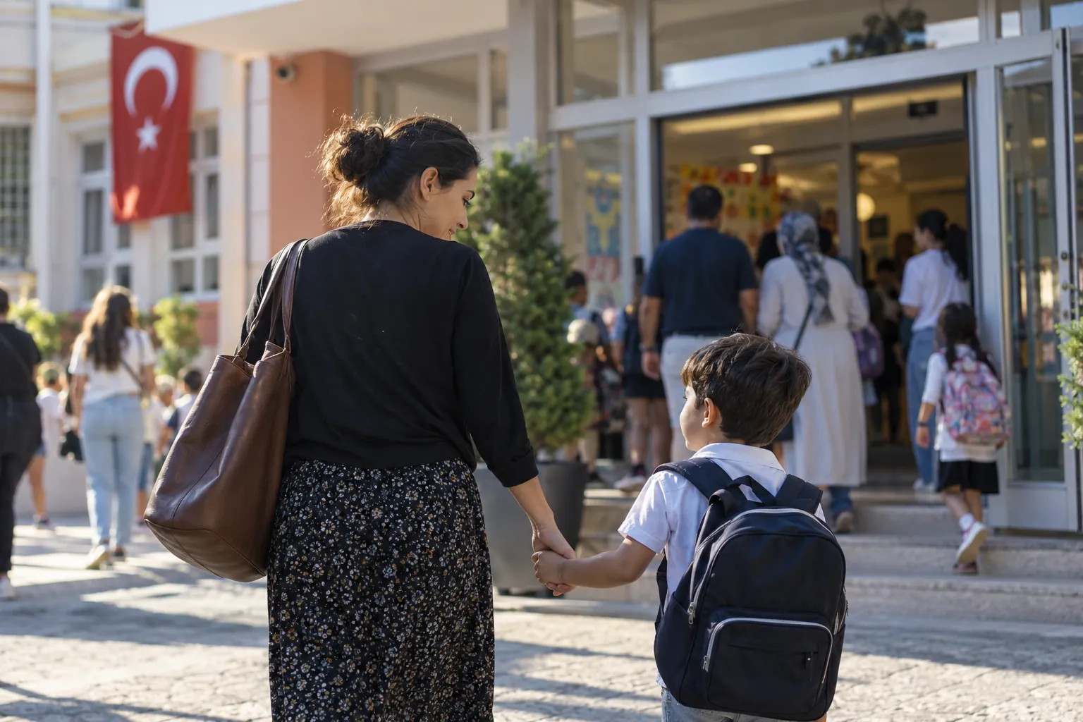 Anne kayıt günü küçük oğlunun elini tutarak ilkokul girişine yürüyor