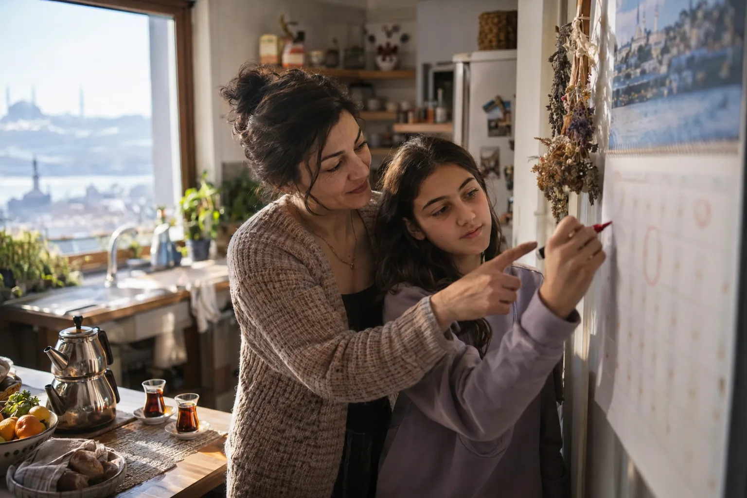 Mutfaktaki duvar takviminde ara tatil günlerini renkli kalemle işaretleyen bir anne ve ortaokul çağındaki kızı