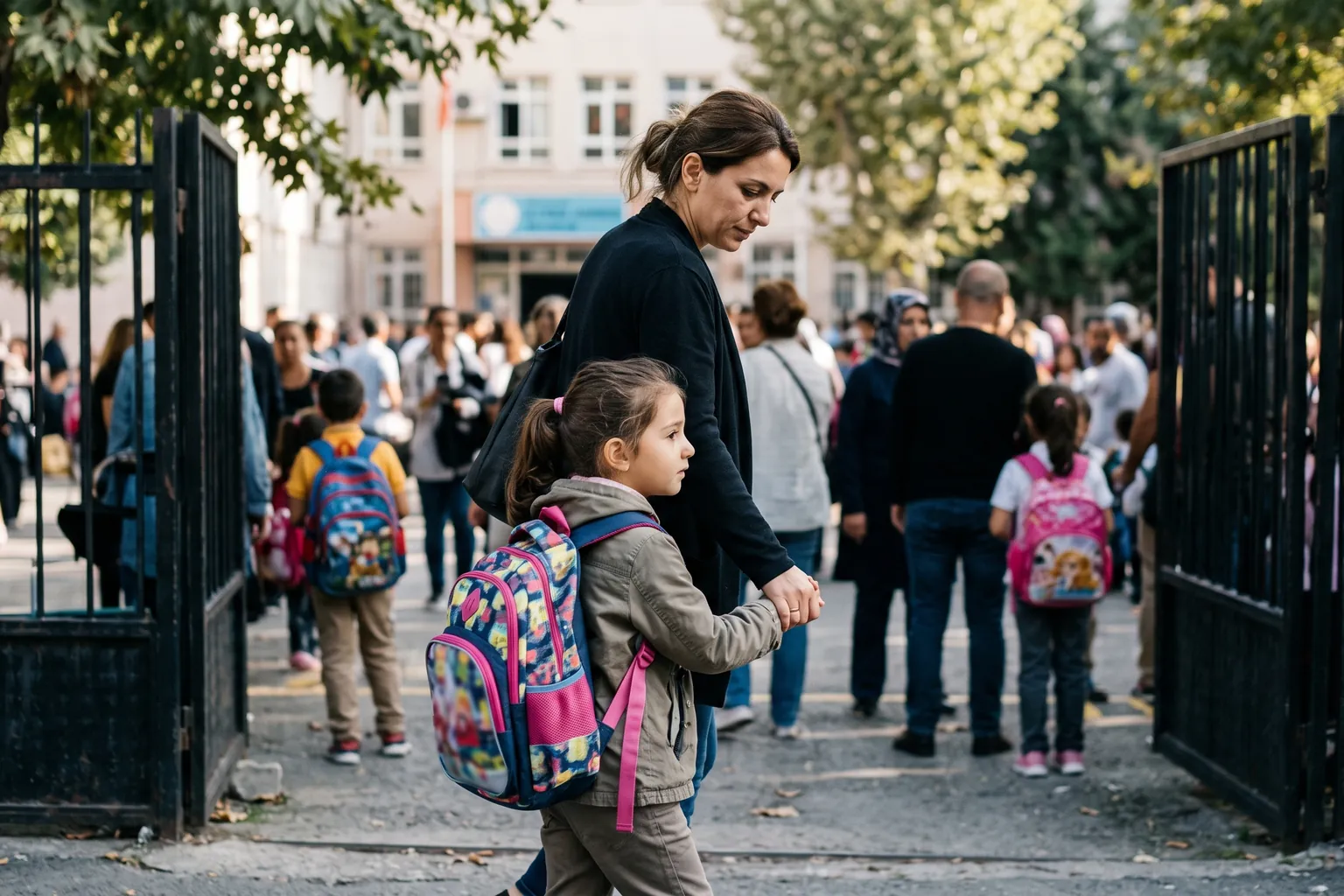 Okul bahçesinde sırt çantasıyla annesinin elini tutan, ilk gününe giden küçük çocuk