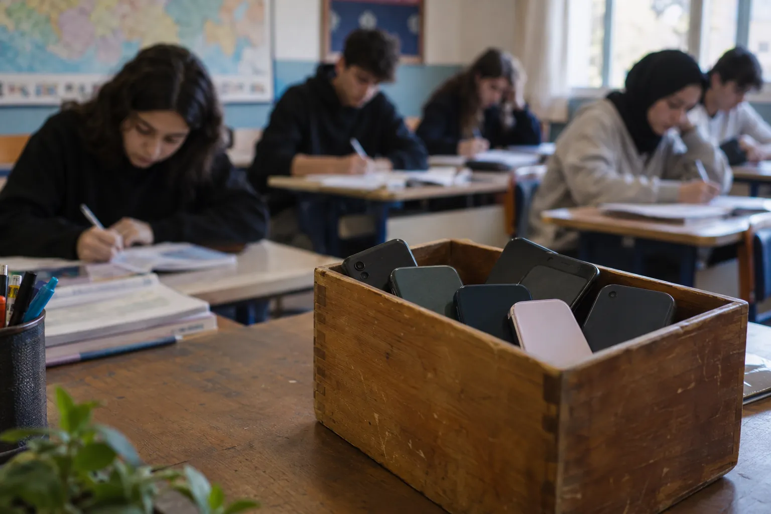 Okul koridorunda ders zili sonrası sırayla sınıfa giren ortaokul öğrencileri; çantaları omuzlarında, telefonlar cepte ya da çantada, kapıda gülümseyen bir öğretmen