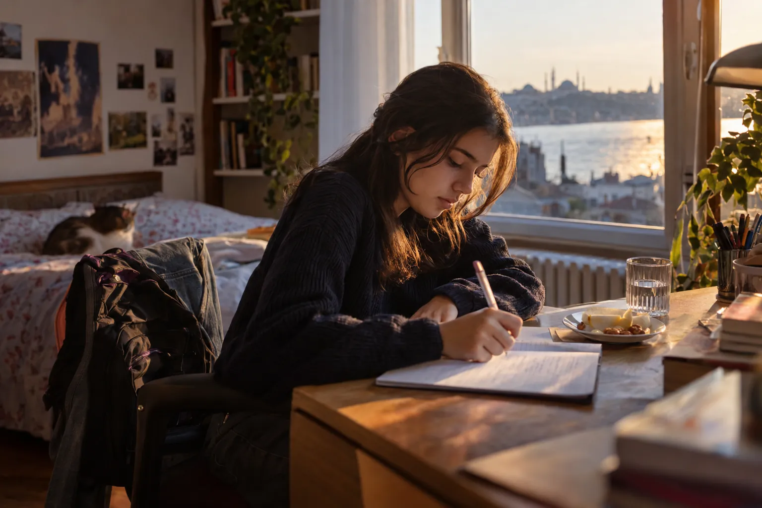 Okuldan dönmüş lise öğrencisi akşam ışığında çalışma masasında, yanında çanta ve bir bardak su; defterine ödev ve ertesi günün planını yazıyor