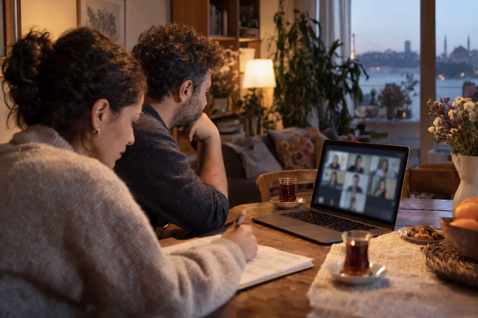 Evden online veli atölyesine katılıp not alan anne ve baba