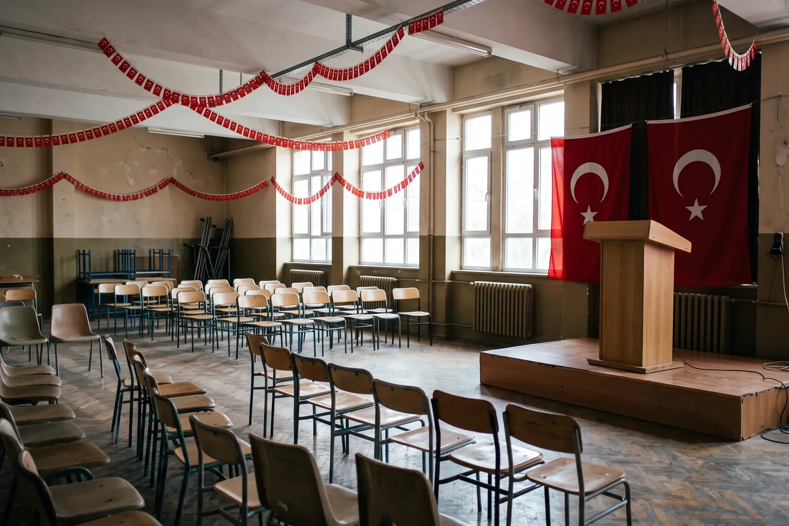 Cumhuriyet Bayramı için Türk bayraklarıyla süslenmiş okul salonunda kürsü ve sıralanmış sandalyeler