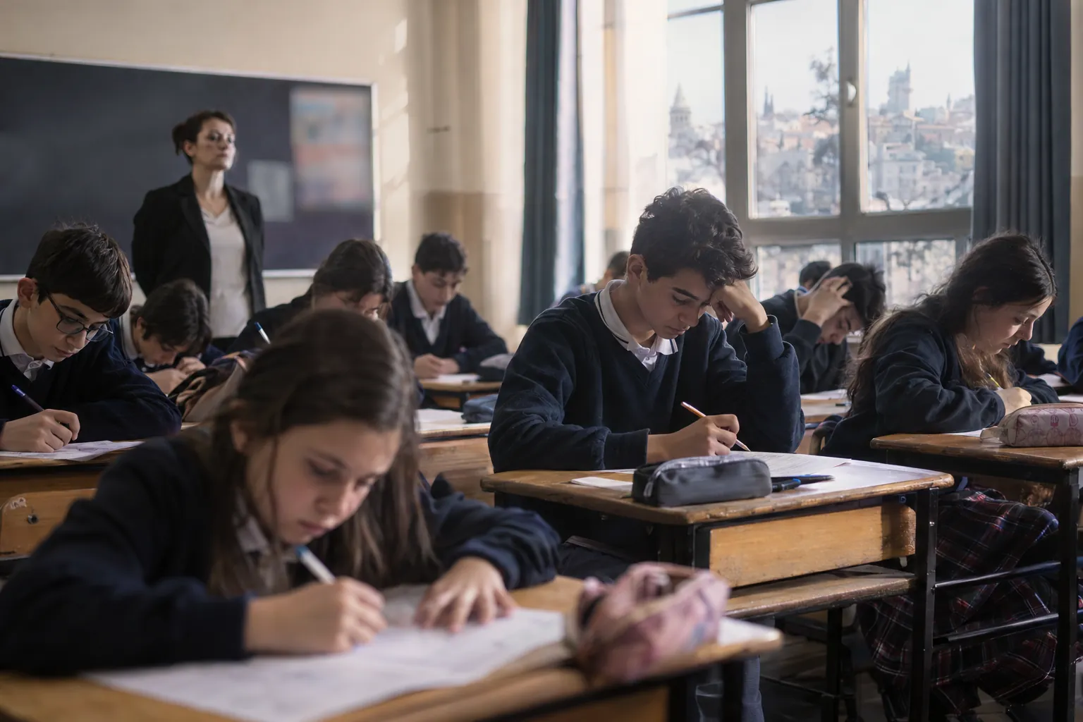 Mutfak masasında açık uçlu bir yazılı sınav sorusunu kâğıda kendi cümleleriyle yazan ortaokul öğrencisi; yanında duvar takvimi ve bir zamanlayıcı
