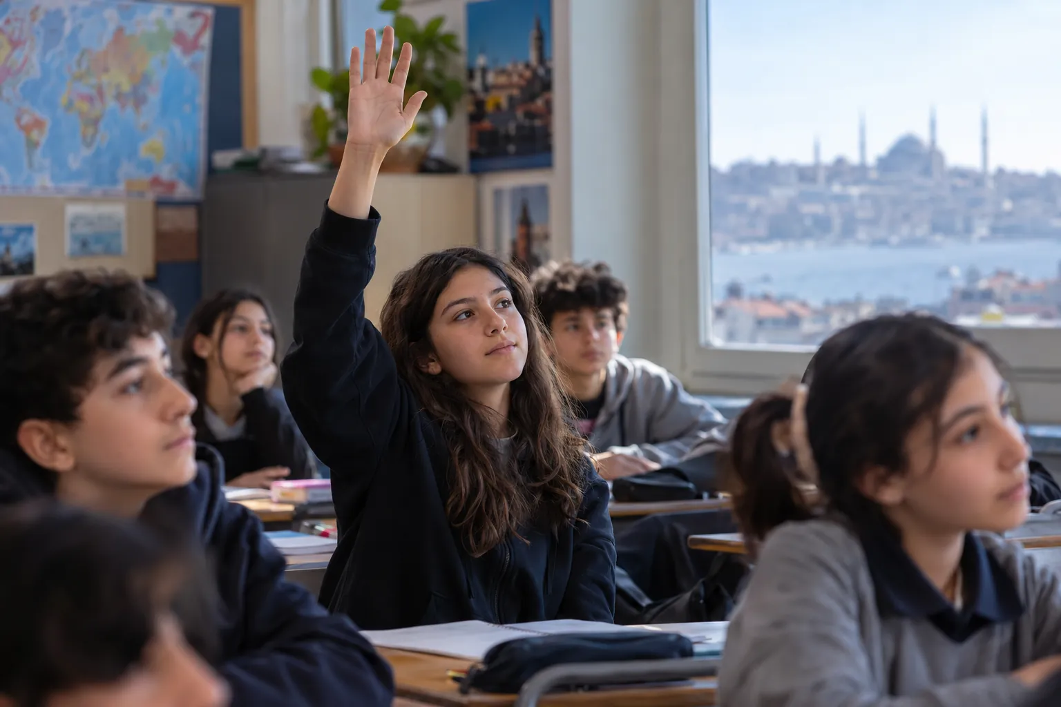 Sınıfta kendinden emin şekilde parmak kaldıran öğrenci