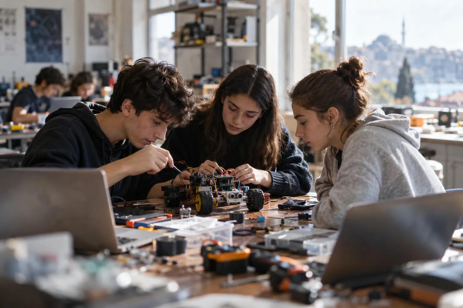Lise öğrencileri proje laboratuvarında dizüstü bilgisayarlarla küçük bir robot yapıyor