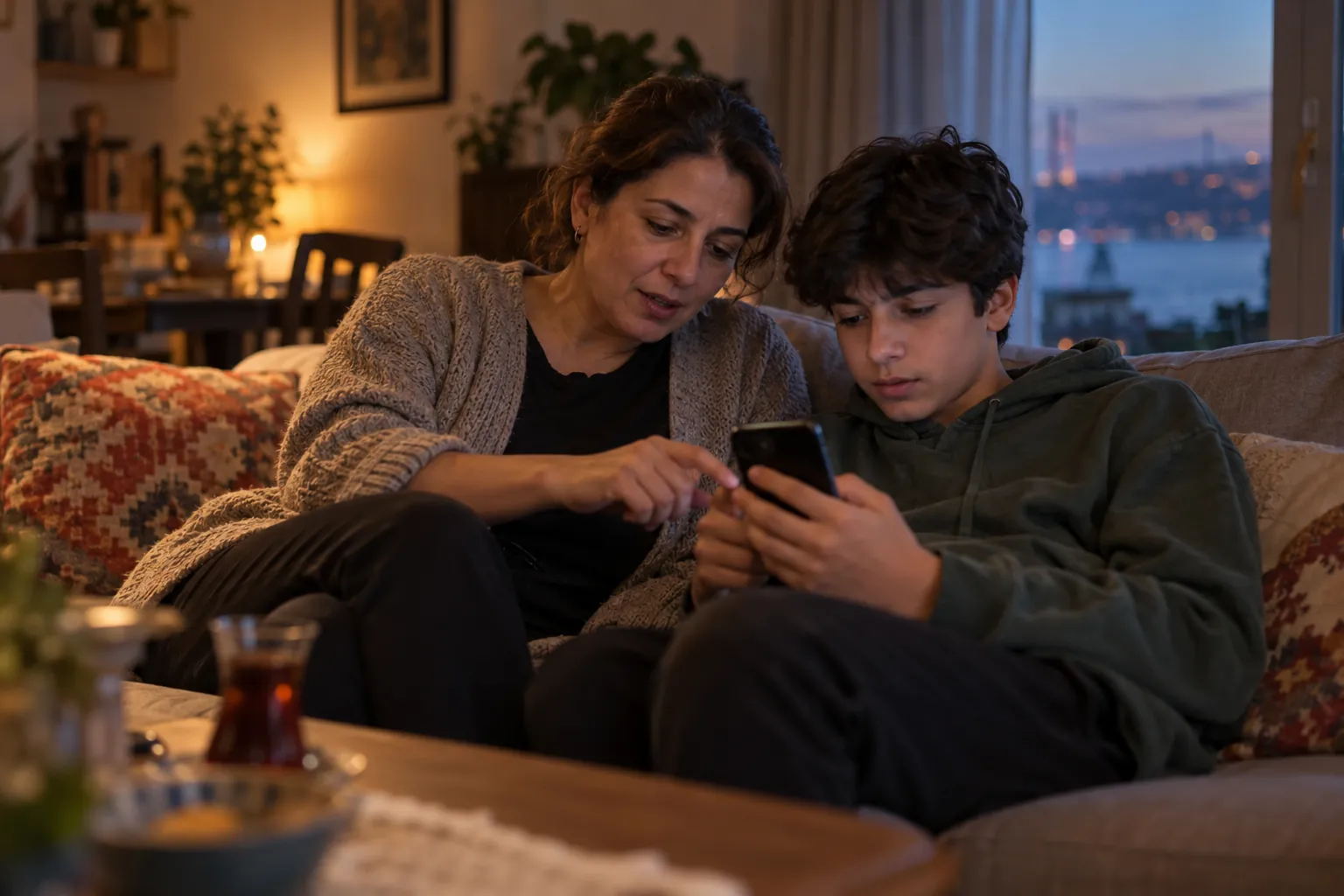 Anne kanepede oğluyla birlikte telefonuna bakarak sakin bir konuşma yapıyor