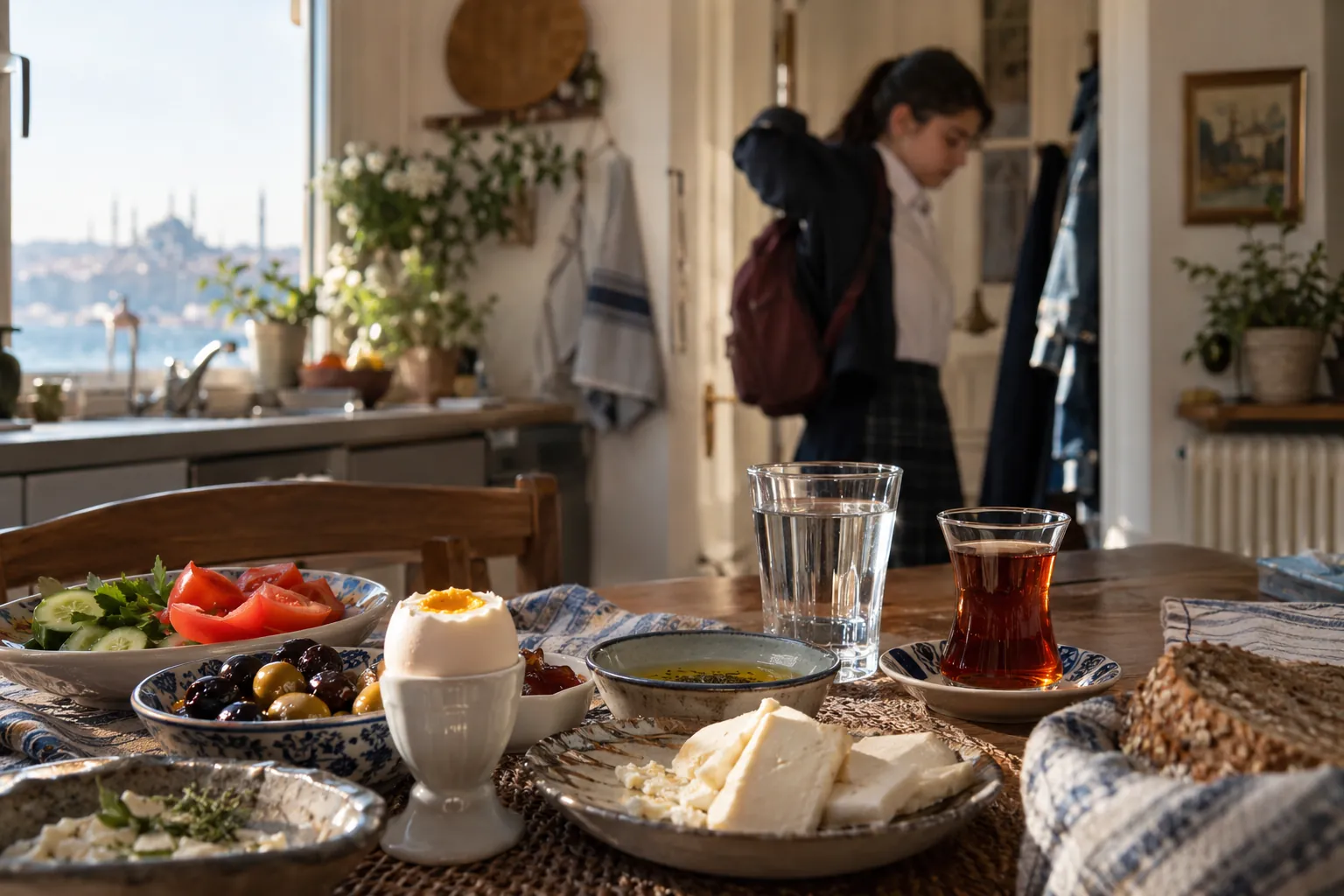 Sınav sabahı ev mutfağında haşlanmış yumurta, beyaz peynir, tam buğday ekmeği ve domates-salatalıktan oluşan kahvaltıyı yapan lise öğrencisi; masada kimlik kartı, sınava giriş belgesi ve etiketi çıkarılmış şeffaf su şişesi