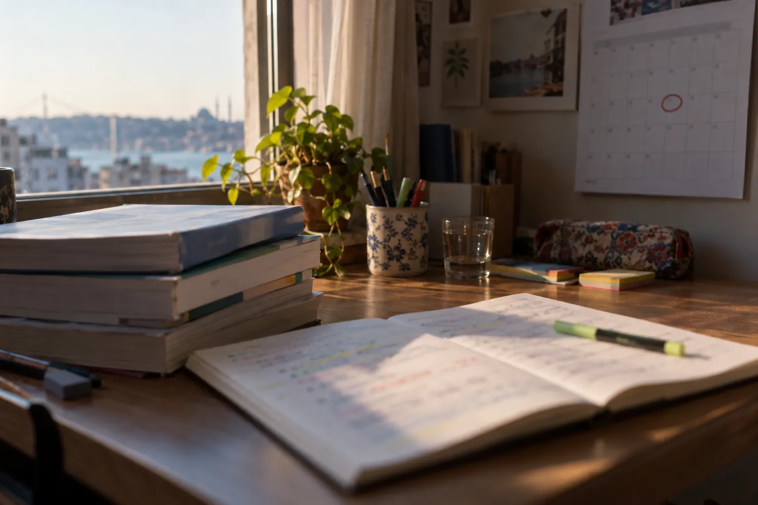 Öğrenci masasında üst üste ders kitapları, özet notlu açık defter ve fosforlu kalem; duvarda bir günü işaretli takvim